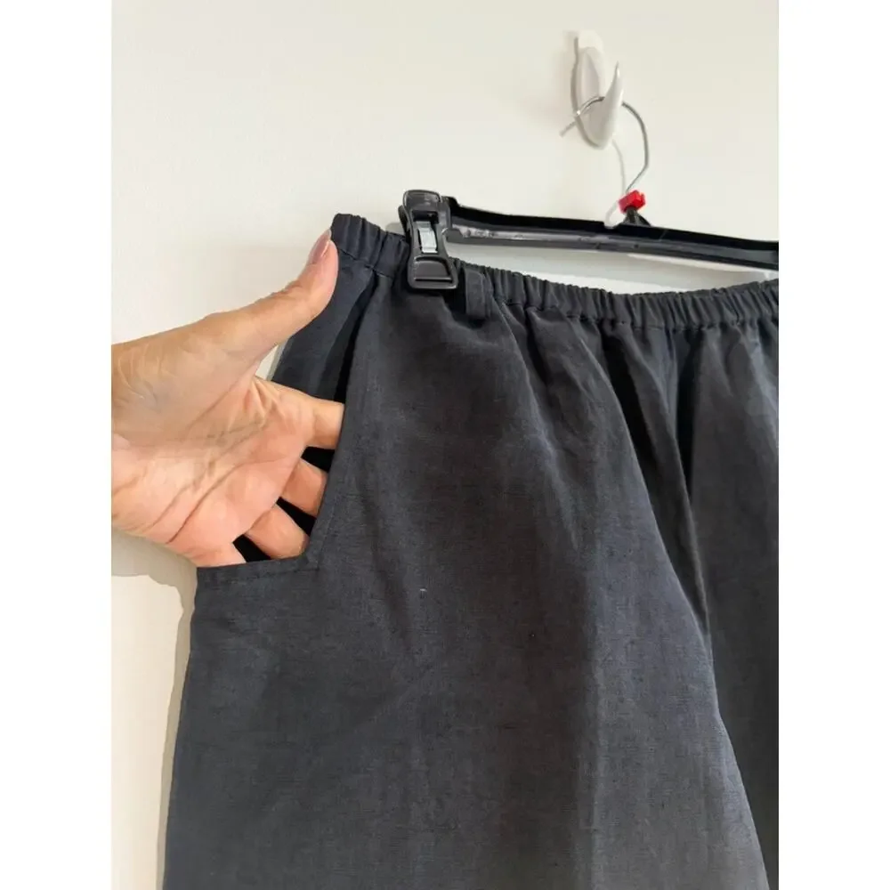Garnet Hill Silk Linen Charcoal Gray Wide leg Barrel ankle Trouser Pant Size-8